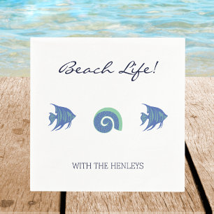 Chic White Blue Fish and Shells Family Beach House Napkin