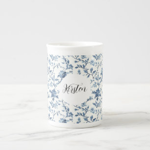 Chic White Blue Floral Bow Bone China Mug
