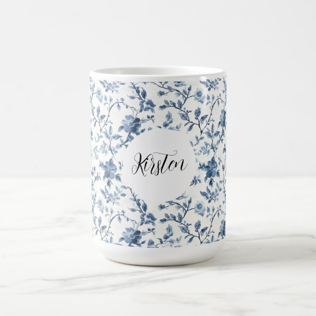 Chic White Blue Floral   Coffee Mug (Center)