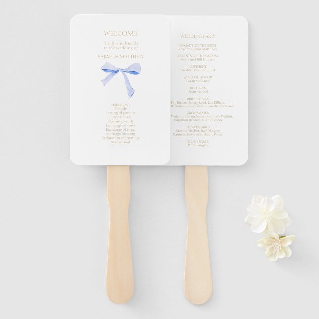 Chic White | Blue Ribbon Knot  Hand Fan (Front and Back)