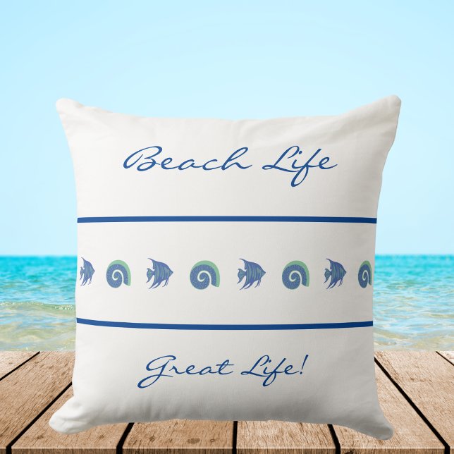 Chic White Blue Stripes Sea Life Beach House Cushion (Creator Uploaded)