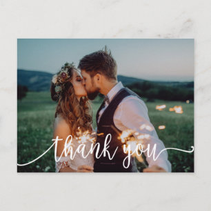 Chic White Calligraphy Photo Wedding Thank You Postcard