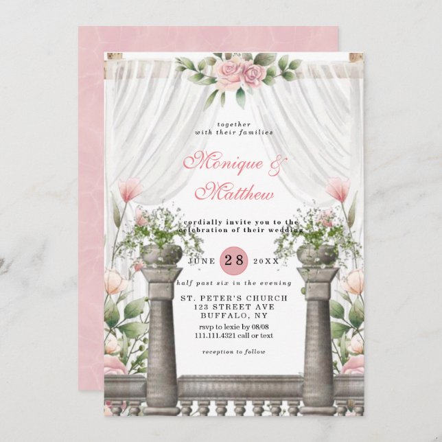 Chic White Canopy Pink Florals Wedding Invitation (Front/Back)