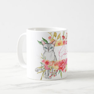 Chic White Cat and Flower Garden Personalised Coffee Mug