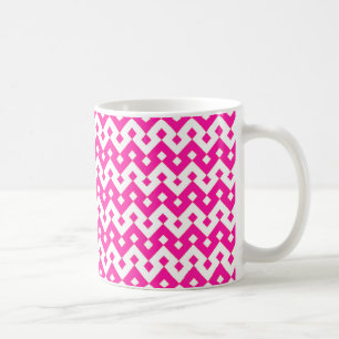 Chic White Coffee Mug, Candy Pink Geometric Mug