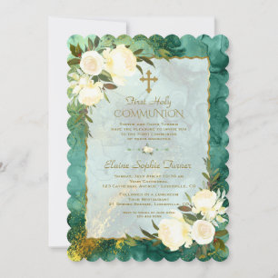 Chic White Cream Flowers Gold First Holy Communion Invitation