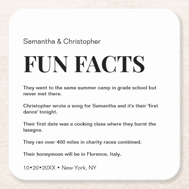 Chic White custom fun fact list Wedding  Square Paper Coaster (Front)