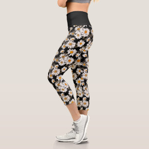 Chic White Daisies on Black Floral Pattern Capri Leggings