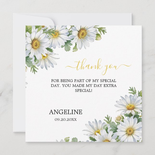 Chic White Daisy Floral Greenery Birthday Thank You Card (Front)