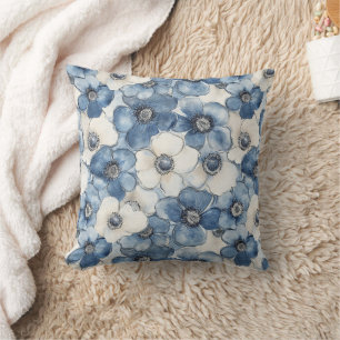 Chic White Denim Blue Flowers Bridal Shower Cushion