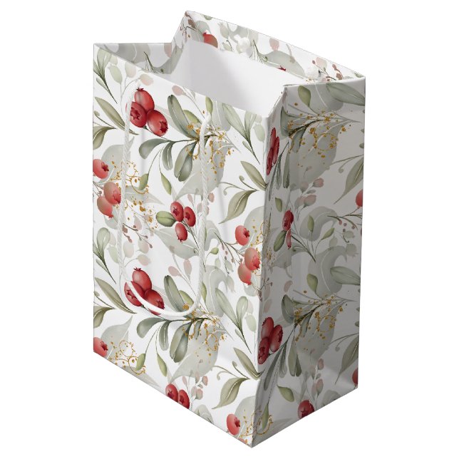 Chic White Elegant Greenery Botanical Christmas  Medium Gift Bag (Front Angled)
