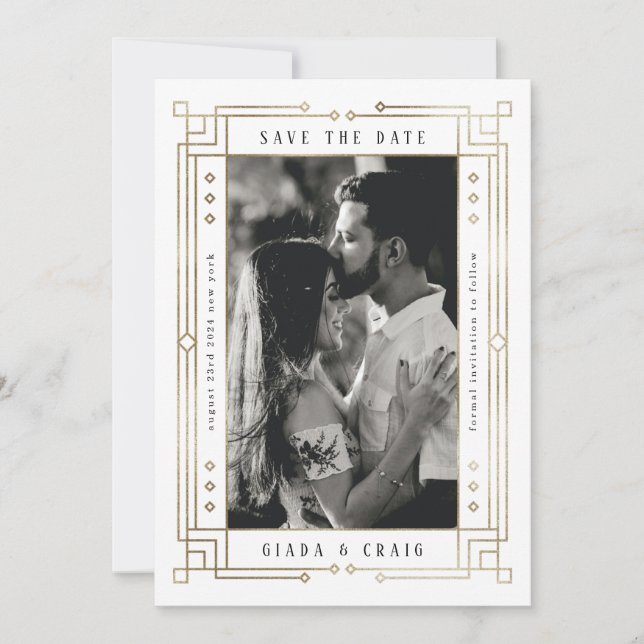 Chic White Faux Gold Foil Art Deco Save the Date Announcement (Front)