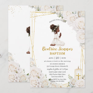 Chic White Floral Baptism Christening Praying Girl Invitation