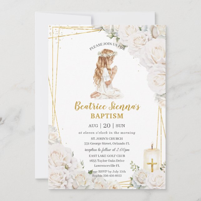 Chic White Floral Baptism Christening Praying Girl Invitation (Front)