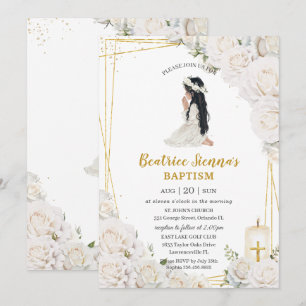 Chic White Floral Baptism Christening Praying Girl Invitation