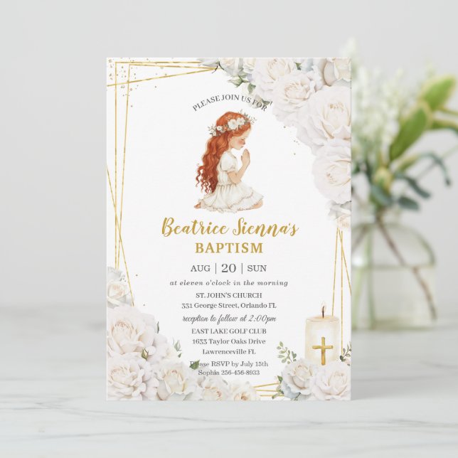 Chic White Floral Baptism Christening Praying Girl Invitation (Standing Front)