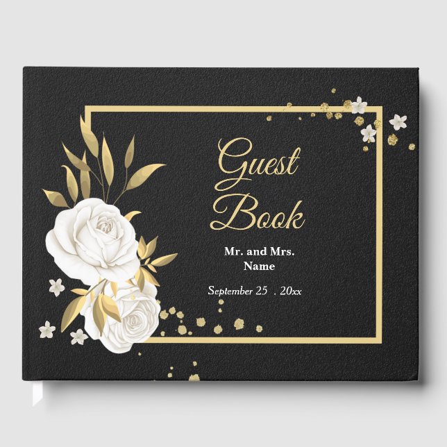 chic white floral gold leaves black guest book (Front)