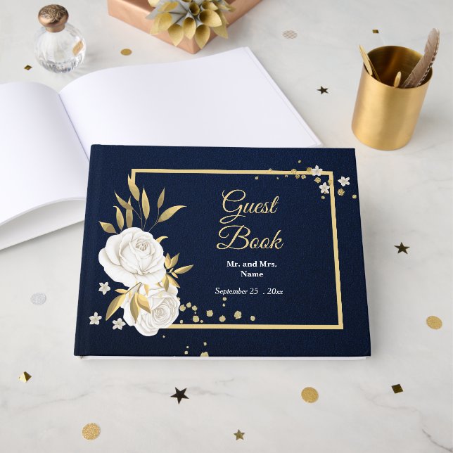 chic white floral gold leaves navy blue guest book (Front Open)