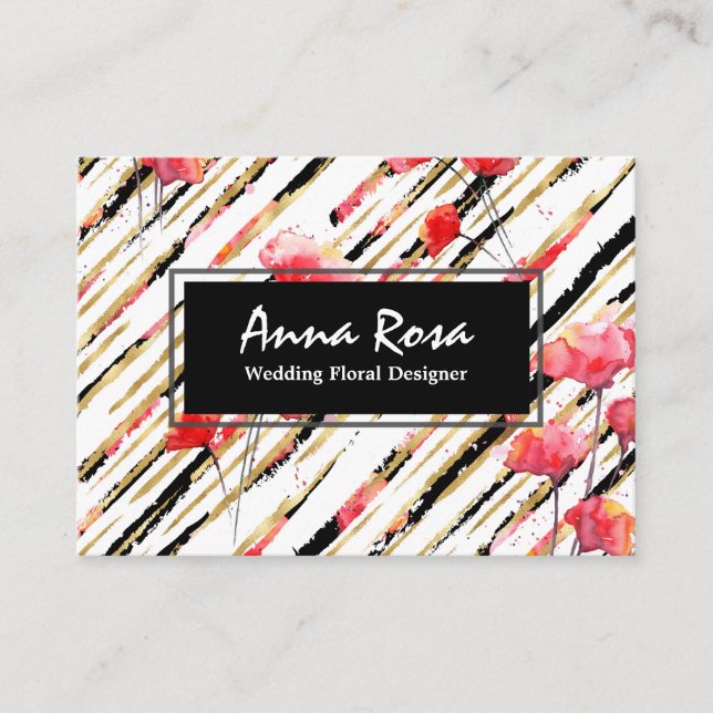 *~* Chic White Floral Red Poppy Glitter Foil Black Business Card (Front)