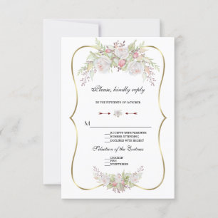 Chic White Flowers Gold Frame Wedding RSVP Card