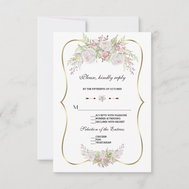 Chic White Flowers Gold Frame Wedding RSVP Card (Front)