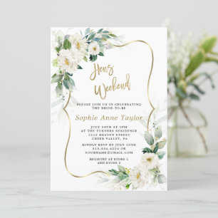 Chic White Flowers Gold Hens Bachelorette Weekend  Invitation