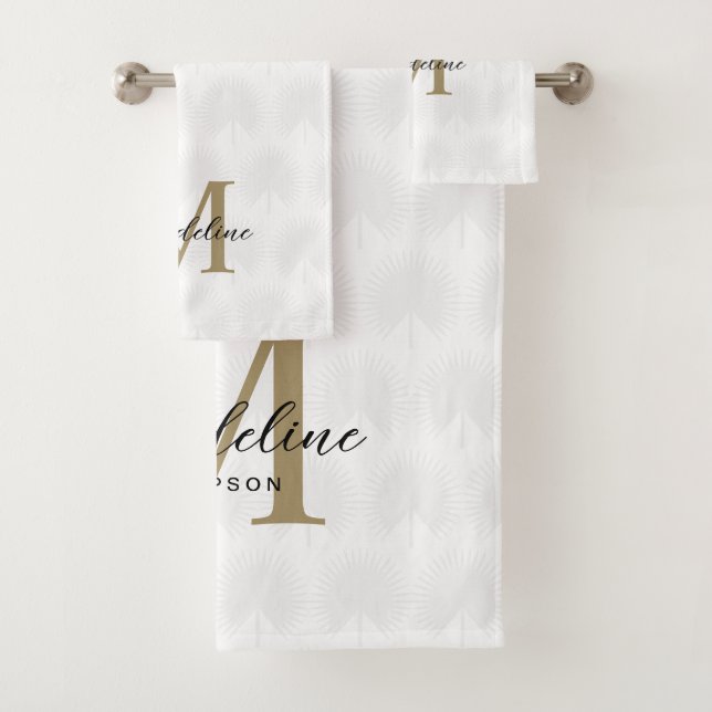 Chic White Gold Anahaw Leaf Script Monogram Bath Towel Set (Insitu)