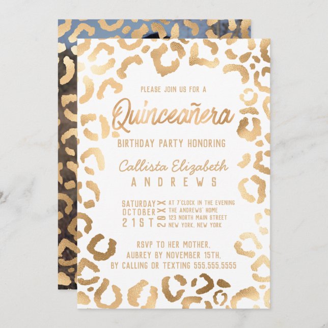 Chic White Gold Cheetah Leopard Quinceañera Photo Invitation (Front/Back)