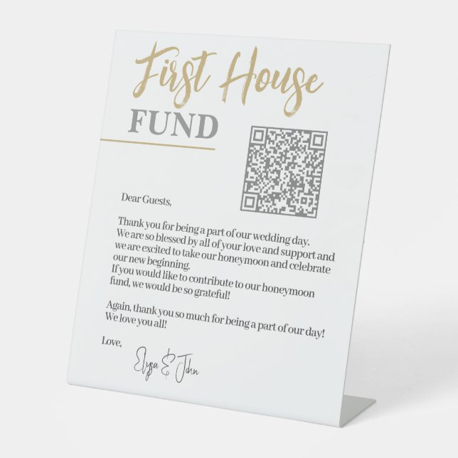 Chic White & Gold Elegant QR Code First House Fund Pedestal Sign (Front)