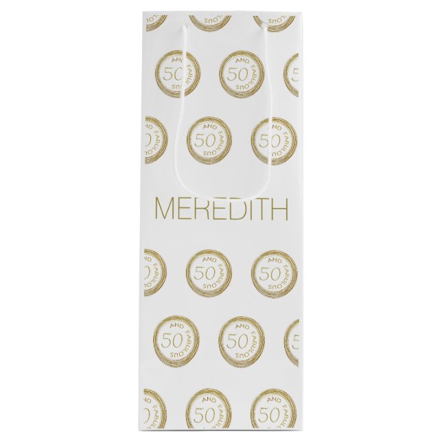 Chic White Gold Fifty and Fabulous 50th Birthday Wine Gift Bag (Front)