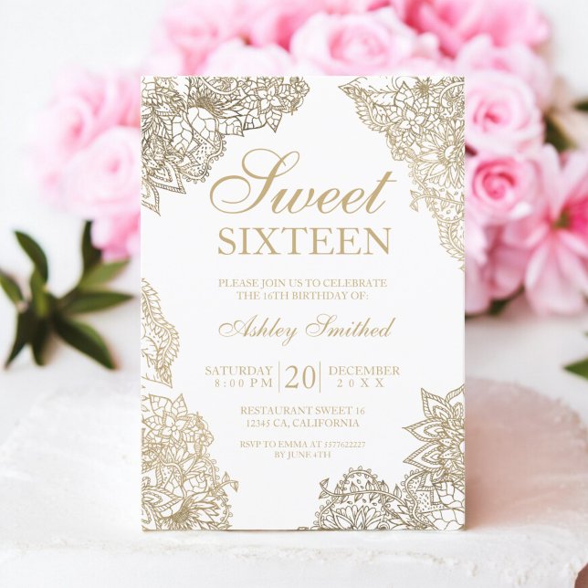 Chic white gold floral elegant Sweet sixteen Invitation (Chic white gold floral elegant Sweet sixteen Invitation)