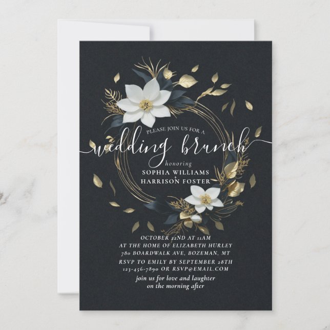 Chic White Gold Floral Wreath Photo Wedding Brunch Invitation (Front)