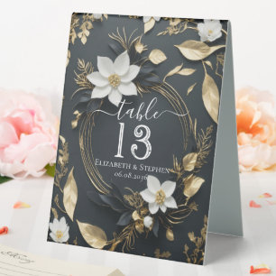 Chic White Gold Floral Wreath Wedding Table Number