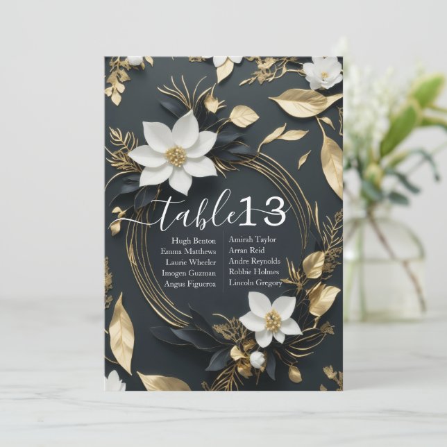 Chic White Gold Floral Wreath Wedding Table Number (Standing Front)