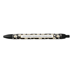 Chic White Gold Flowers  Black Ink Pen