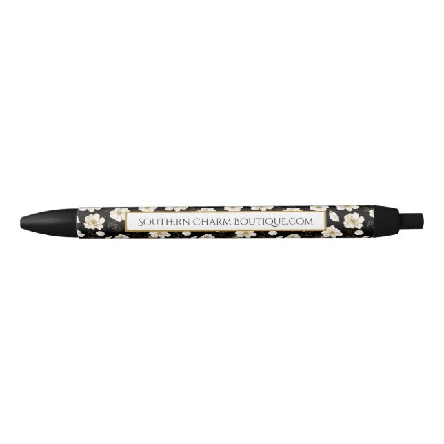 Chic White Gold Flowers  Black Ink Pen (Front)