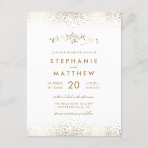 Chic White & Gold Foil Confetti Mountain Wedding Invitation Postcard