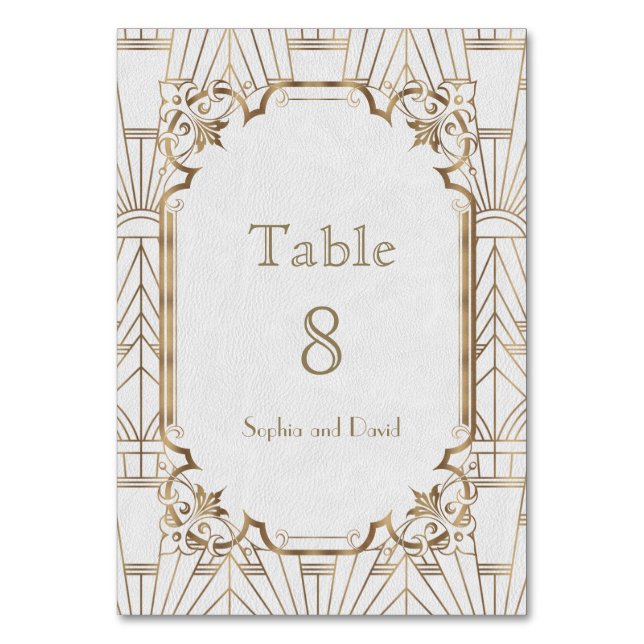 Chic White Gold Great Gatsby Art Deco TABLE NUMBER (Front)