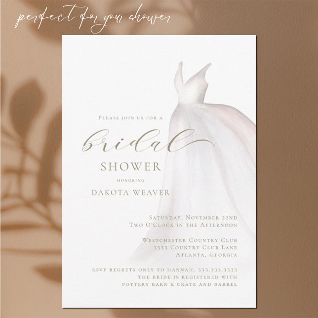 Chic White Gold Wedding Dress Bridal Shower Invitation (Creator Uploaded)