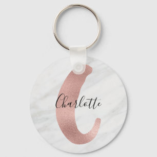 Chic White & Gray Marble Rose Gold C Monogram Name Key Ring
