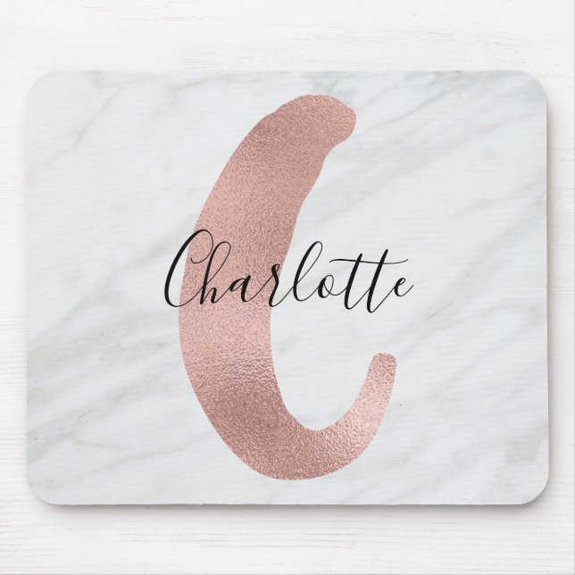 Chic White & Gray Marble Rose Gold C Monogram Name Mouse Pad (Front)