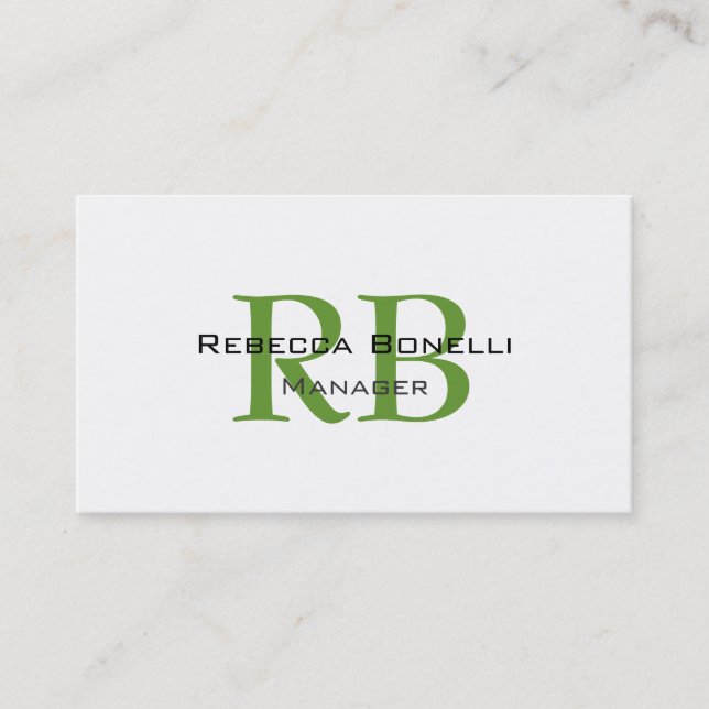 Chic White Green Monogram Manager Business Card (Front)