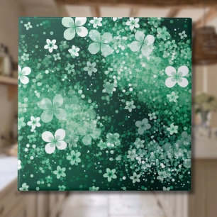 Chic White Green Shamrocks & Dots on Dark Green Ceramic Tile