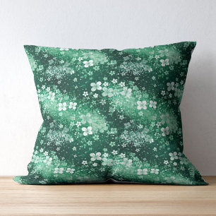 Chic White Green Shamrocks & Dots on Dark Green Cushion