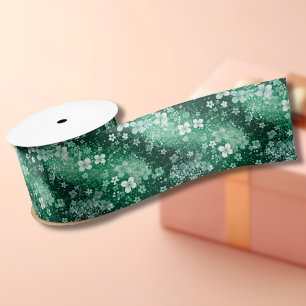 Chic White Green Shamrocks & Dots on Dark Green Satin Ribbon