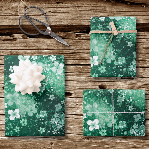 Chic White Green Shamrocks & Dots on Dark Green Wrapping Paper Sheet