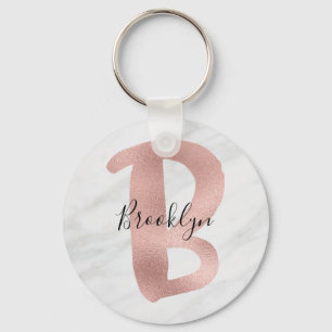 Chic White & Grey Marble Rose Gold B Monogram Name Key Ring