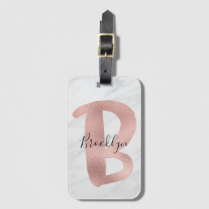 Chic White & Grey Marble Rose Gold B Monogram Name Luggage Tag
