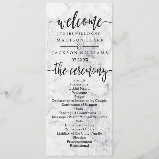 Chic White & Grey Marble Wedding Program (Front)