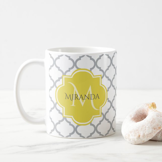 Chic White Grey Quatrefoil Yellow Monogrammed Name Coffee Mug (With Donut)